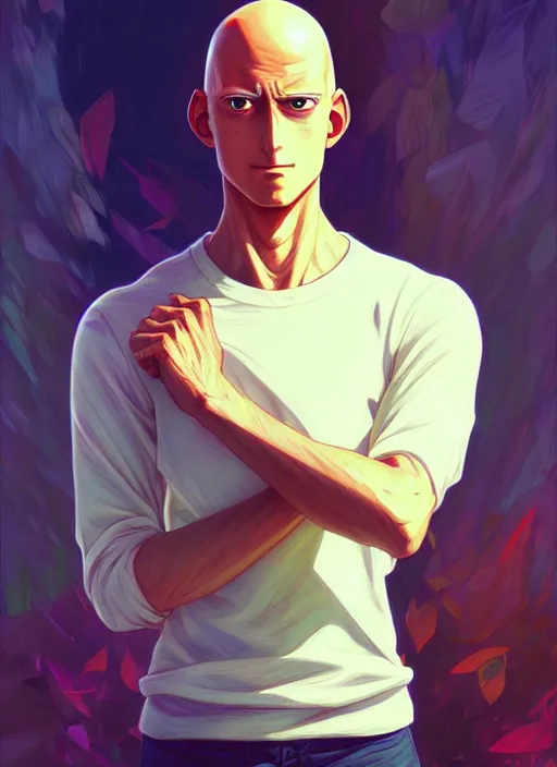 Image similar to handsome saitama, half body shot, path traced, environment, highly detailed, high quality, digital painting, alena aenami, lilia alvarado, shinji aramaki, karol bak, alphonse mucha, tom bagshaw