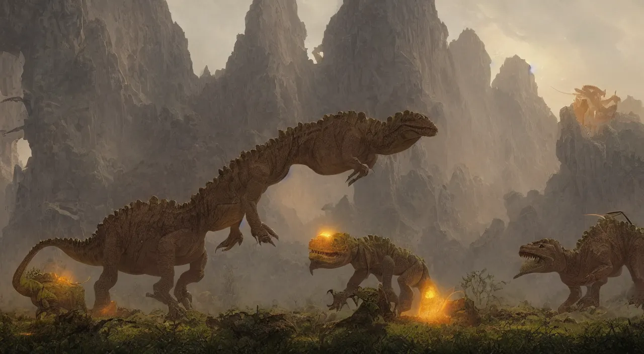 Image similar to technicolor dinosaurs, glowing with magic, surrounded by slate grey walls, matte painting, fantasy art, concept art, greg rutkowski, james gurney, johannes voss, hasui kawase.