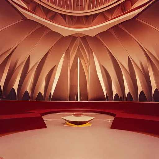 Image similar to interior of a futuristic lotus temple with gold, red and white marble panels, in the desert, by buckminster fuller and syd mead, intricate contemporary architecture, photo journalism, photography, cinematic, national geographic photoshoot