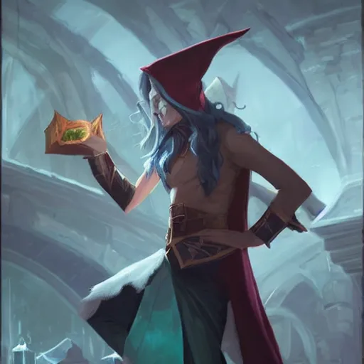 Prompt: magic elf magician performing a card trick, fantasy game art by greg rutkowski, fantasy rpg, league of legends