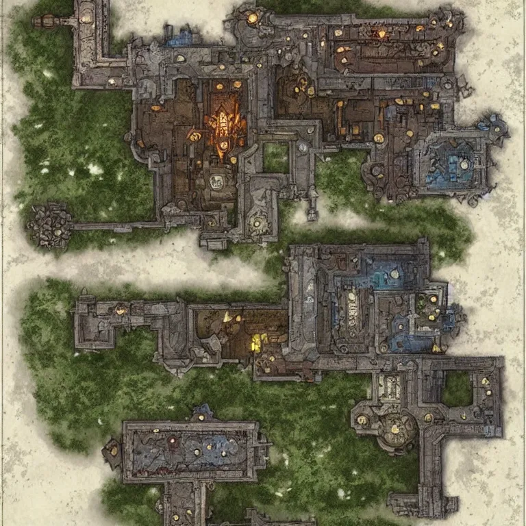 Image similar to full - color fantasy floor plan map of a dungeon, d & d, pathfinder, by greg rutkowski, trending on artstation, pinterest