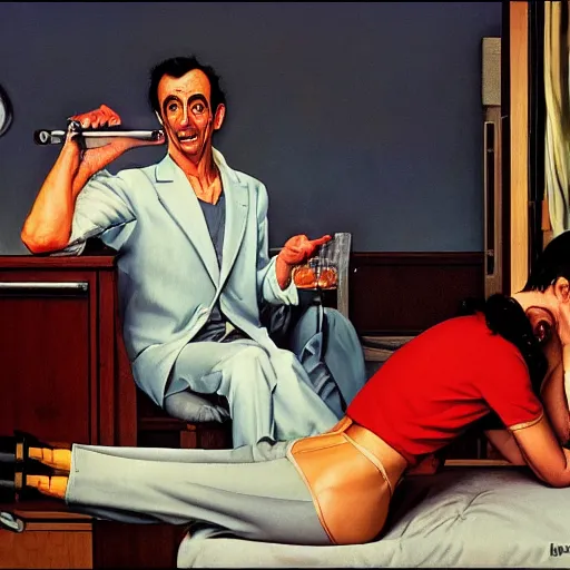 Image similar to Leisure suit Larry, 1993, by Norman Rockwell and Edward Hopper. film noir