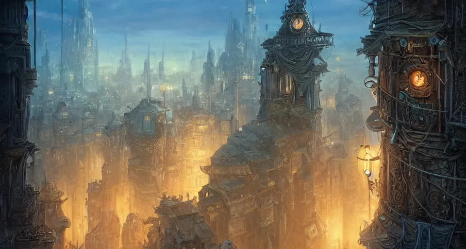 Image similar to landscape painting of fantasy metal steampunk city that has a light blue glow with walkways and lit windows and you can very clearly see a fine detailed hooded thief in browns leathers climbing one of the tall buildings using a rope, fine details, magali villeneuve, artgerm, rutkowski