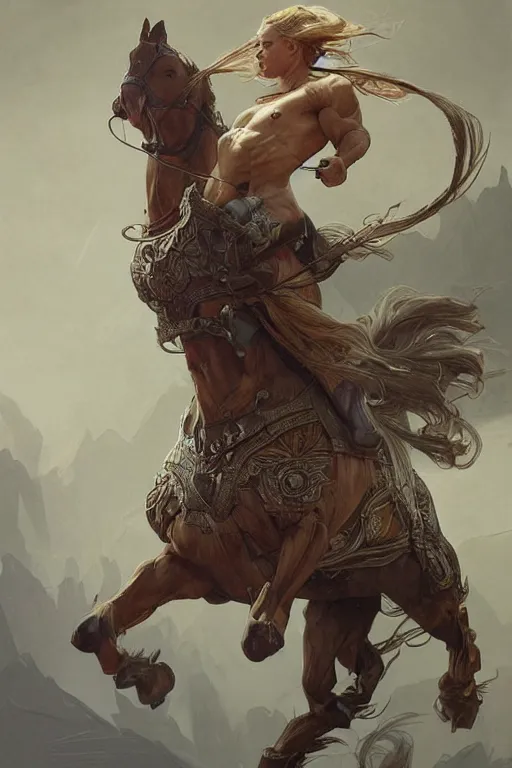 Prompt: an exaggeratedly muscular horse with an enormously massive physique pulling a comically tiny plow, fantasy, intricate, elegant, highly detailed, digital painting, artstation, concept art, sharp focus, illustration, art by artgerm and greg rutkowski and alphonse mucha