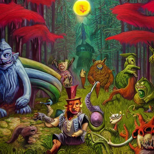 Image similar to a scene of colorful cartoon monsters in the clearing of a dark fantasy forest surrounded by darkness. hyperrealist illustration. muted colors. 1 9 7 0's pulp science fiction and fantasy cartoon for alice in wonderland and wizard of oz. highly detailed and richly colored painting by don ivan punchatz. trending on artstation