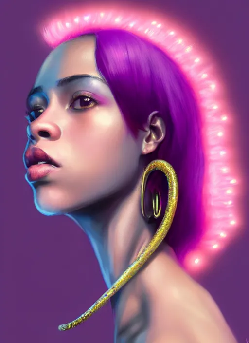 Image similar to portrait of teenage vanessa morgan with bright pink hair, black girl, curly pixie cut hair, wearing a purple breton cap, breton cap, hoop earrings, intricate, elegant, glowing lights, highly detailed, digital painting, artstation, concept art, smooth, sharp focus, illustration, art by wlop, mars ravelo and greg rutkowski