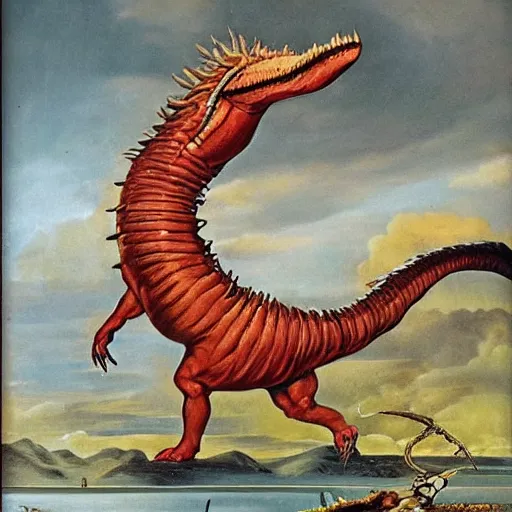 Prompt: atilla the hun riding a spinosaurus running away from a tornado, in the style of Salvador Dali