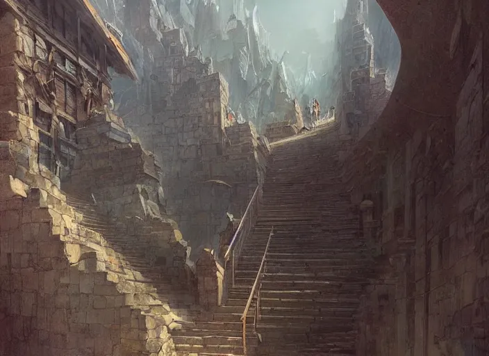 Image similar to A stairway to heaven, a fantasy digital painting by Greg Rutkowski and James Gurney, trending on Artstation, highly detailed