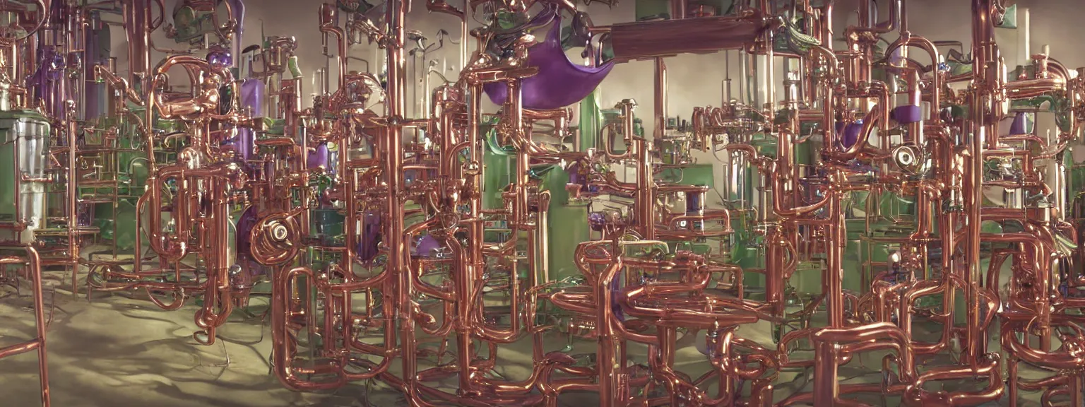 Image similar to machine apparatus for making snake oil, huge copper machine fed by a hopper of snakes, purple and green pipework, art by ed roth and kenny scharf, barrels of snake oil in a hermetically sealed production line, golden hour lighting, film still from the uncle aloysius family medicine depot movie 3 d, 8 k