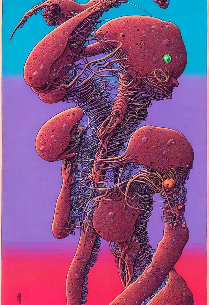 Image similar to ( ( ( ( a humanoid creature from another planet. ) ) ) ) by mœbius!!!!!!!!!!!!!!!!!!!!!!!!!!!, overdetailed art, colorful, artistic record jacket design