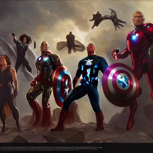 Image similar to A group photo of the Avengers but it's all Dwayne Johnson, western, cinematic shots, fantasy, intricate, elegant, highly detailed, digital painting, artstation, concept art, matte, sharp focus, illustration, art by Artgerm and Greg Rutkowski and Alphonse Mucha