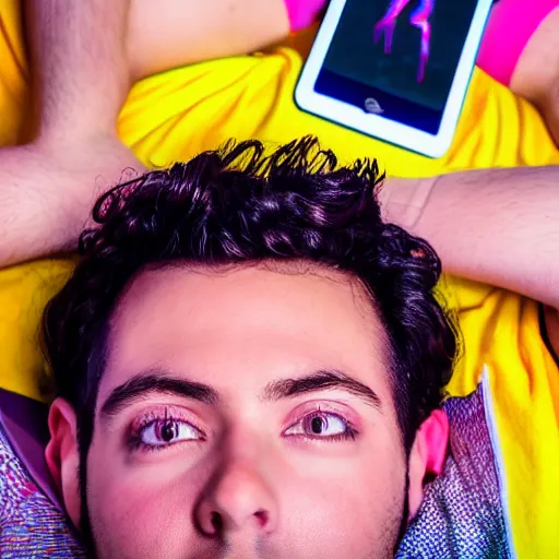 Prompt: close up aerial view portrait of a guy laying on the floor of his bedroom looking at the camera, synthwave colors, computer, cell phone, video games, tv, knick knacks, synthwave colors, 8K