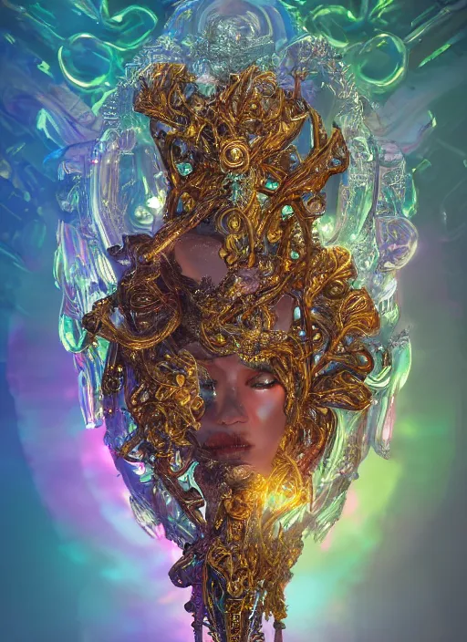 Image similar to beauteous sumptuous goddess, crystal, gold, copper, bronze biomechanical with incredible iridescent pearlescent voluminous fluorescent neon indirect soft glow cinematic lighting, crystalline masterpiece incrustations, hyperdetailed features, movie still, intricate, octane render, cinematic forest lighting, unreal engine, crepuscular rays, god rays