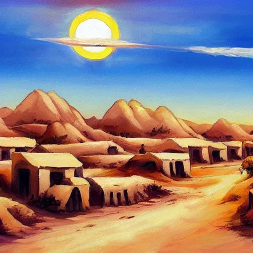 Image similar to a beautiful painting of a village in the desert, white houses, two suns, cowboy bebop