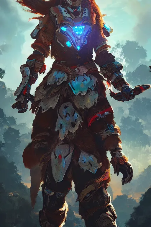 Image similar to combination suit armor aloy horizon forbidden west horizon zero dawn radiating a glowing aura global illumination ray tracing hdr fanart arstation by ian pesty and alena aenami artworks in 4 k tribal robot ninja mask helmet backpack