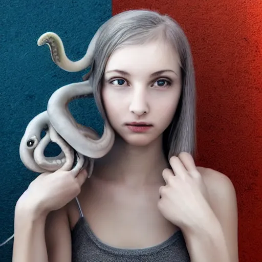 Image similar to A girl with a gray octopus for hair, very young and beautiful face, silver eyes, HD, hyper realistic