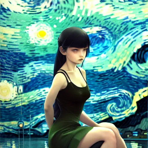 Prompt: very tiny girl by artgerm, green eyes and long black hair by ilya kuvshinov, sitting in a crystal clear lake painted by van gogh, rtx reflections, octane render 1 2 8 k, extreme high intricate details by wlop, digital anime art by ross tran, wide shot, composition by tom bagshaw, lighting by wlop