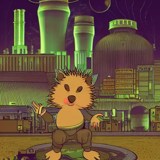 Prompt: a professional portrait, of an anthropomorphic brown hedgehog sitting outside of a cyberpunk academy, factories and power plants in the background, big moon in background, green smoggy sky, cinematic lighting, metal towers and sewers, holograms, artstation, omni magazine,