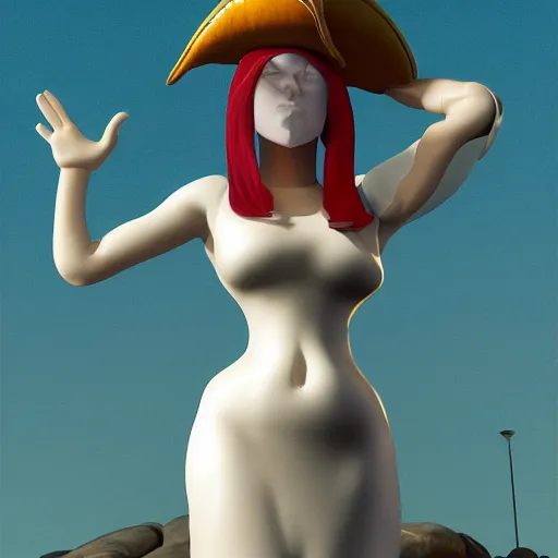 Image similar to gullivera wearing a white short dress and a pirate hat, black long boots, octane render, by milo manara, 3 d render, i viaggi di gulliver, o gulliveriana, gulliveriana