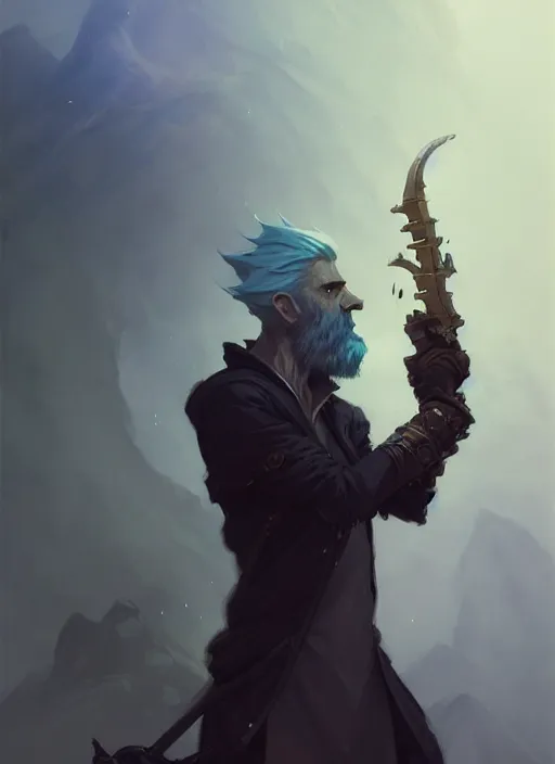 Image similar to low angle picture of a weapon master, holding a ego weapons to the camera, long black jacket, neat white beard and hair, bored, tired, smoking, ego weapons all over the place, squat down, intricate, masterpiece, epic fantasy illustrations by peter mohrbacher and anato finnstark and jeremy lipking