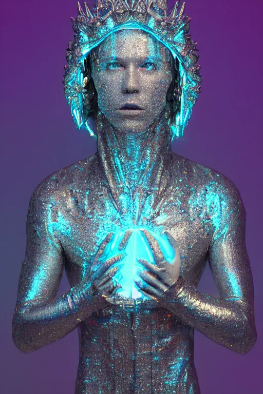Prompt: hyper detailed ultra sharp portrait of baroque and bladerunner delicate neon diamond sculpture of seductive albino christian santamaria, sarcophagus blue iridescent humanoid deity wearing metallic hoody made out of hands holding the sun prismatic dungeon, glowing blue face, crown of white diamonds, cinematic lighting, photorealistic, octane render 8 k depth of field 3 d