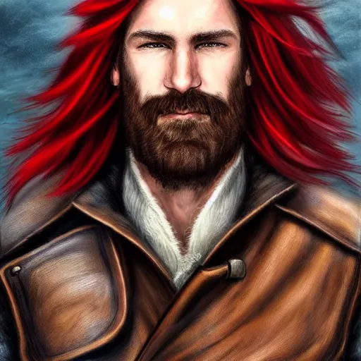 Image similar to portrait of a rugged!!!! male captain with long red hair!!!!!!, upper body, flowing hair, ethereal, handsome, leather coat, Steampunk airship!!!!!!!, D&D, fantasy, simple clothing!!!!, elegant, highly detailed, digital painting, deviantart, artstation, concept art, sharp focus, illustration, art by Artgerm and Greg Rutkowski and Alphonse Mucha