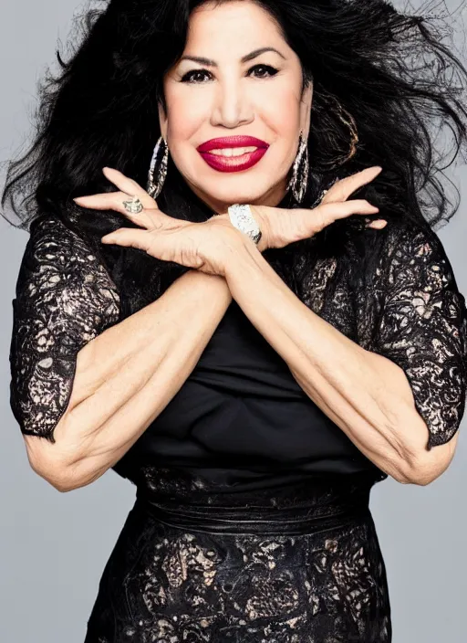 Image similar to dslr photo portrait still of 5 1 year old age 5 1 selena quintanilla at age 5 1!!!, 8 5 mm f 1. 8, studio lighting, vogue