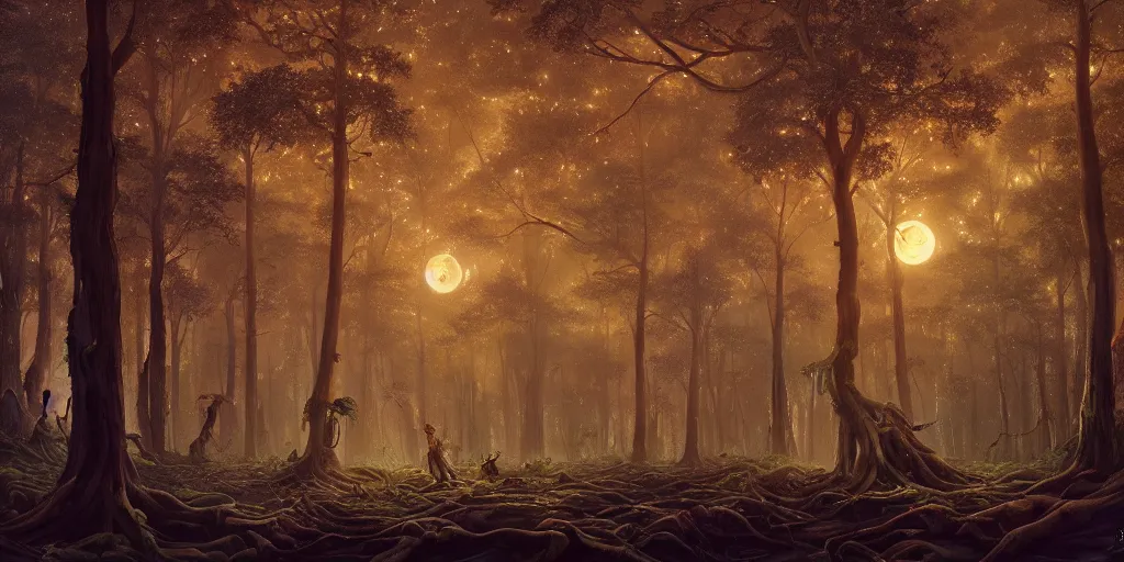 Prompt: a giant forest at night with lots of snarled branches, densely wooded, moonlit, extremely detailed oil painting, unreal 5 render, rhads, Bruce Pennington, Studio Ghibli, tim hildebrandt, digital art, 8K artistic photography, octane render, beautiful composition, trending on artstation, award-winning photograph, masterpiece