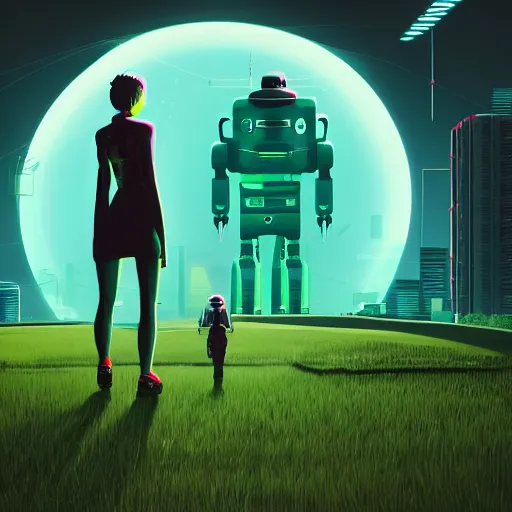 Image similar to a graph - style woman walking across a lush green field, a huge robot head in front of her, cyberpunk art by by james gilleard, cgsociety, retrofuturism, synthwave, retrowave, outrun