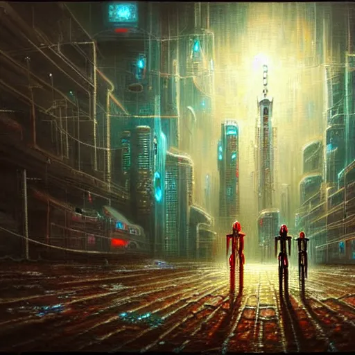 Image similar to beautiful detailed religious oil painting of robots with halos in a cyberpunk wasteland