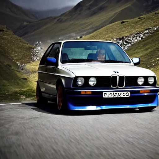 Image similar to a rear shot of a modified bmw e 3 0 with lights on a mountain road, motion blur, 3 5 mm photography, car photography, clean lines, realistic