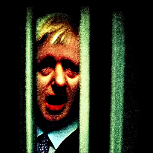 Prompt: dark photo of dark blue rainy bedroom window at night, dimly lit creepy | screaming face of boris johnson staring in through the window, bloody hands, horror, scary face, demonic face,