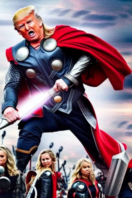 Image similar to donald trump as thor, wielding hammer, ready for battle, movie still