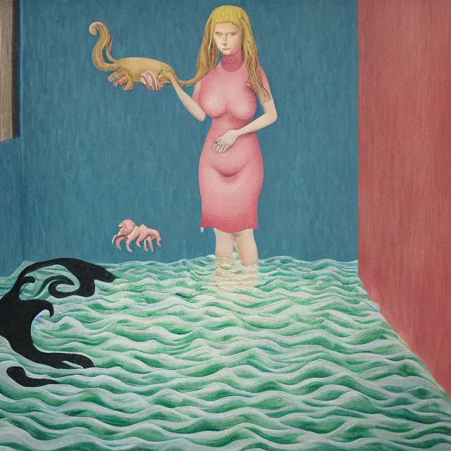 Image similar to tall female emo artist holding a pig in her flooded bathroom, octopus, water gushing from ceiling, painting of flood waters inside an artist's bathroom, a river flooding indoors, pomegranates, pigs, ikebana, zen, water, river, rapids, waterfall, canoe, berries, acrylic on canvas, surrealist, by magritte and monet