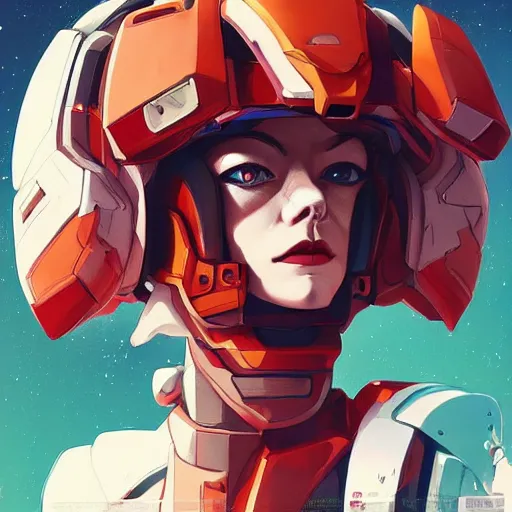 Image similar to a portrait of a stunning beautiful elite emma stone gundam pilot, with an intricate, detailed, urban inspired hiphop afro futuristic helmet, vector behance hd jesper ejsing, rhads, makoto shinkai, lois van baarle, ilya kuvshinov, rossdraws, hd, 3 2 k, ilya kuvshinov, gustav klimt