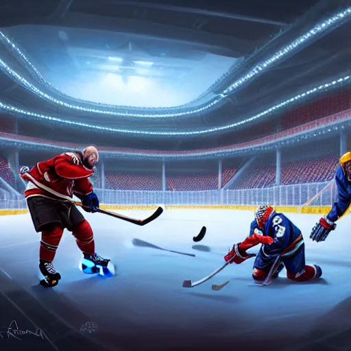 Prompt: Hockey arena game illustration, Blizzard, EASports, intricate, elegant, highly detailed, digital painting, artstation, concept art, smooth, sharp focus, art by artgerm and greg rutkowski and alphonse mucha, brightly lit cinematic soft lighting, photorealistic