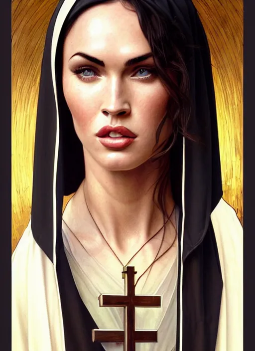 Image similar to portrait of megan fox as a sultry nun, catholic, church, bible, christian, intricate, headshot, highly detailed, digital painting, artstation, concept art, sharp focus, cinematic lighting, illustration, art by artgerm and greg rutkowski, alphonse mucha, cgsociety