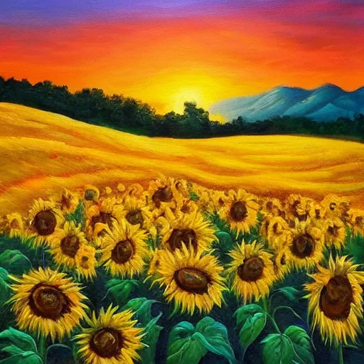 Prompt: an oil painting of a beautiful meadow of sunflowers, hills, sunset,