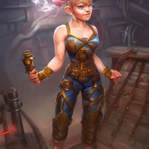 Image similar to beautiful muscular charming female gnome mechanic, magic crackling lightning iron gauntlet arms, short black pixie undercut hair, standing on ship deck, naval background, intricate, fantasy magic, highly detailed, full body portrait, wide angle, digital painting, artstation, smooth, sharp focus, great composition, illustration, art by Greg Rutkowski, trending on artstation