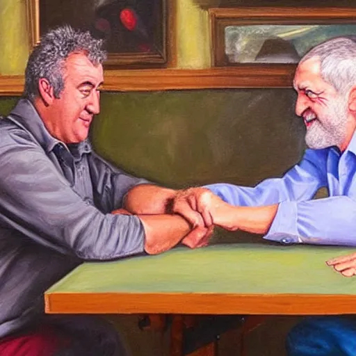 Prompt: oil painting of jeremy clarkson and jeremy corbyn arm wrestling in a dingy pub