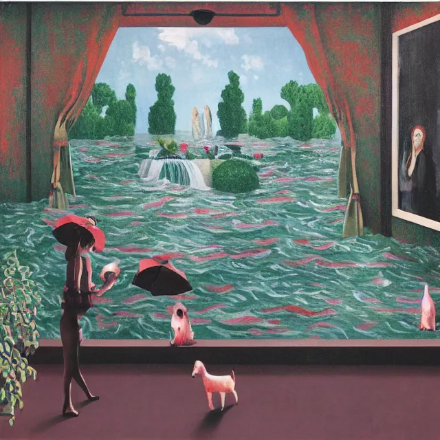 Prompt: painting of flood waters inside an apartment, emo catgirl art student, a river flooding inside, taps with running water, tangelos, zen, pigs, ikebana, water, river, rapids, waterfall, black swans, canoe, pomegranate, berries dripping, acrylic on canvas, surrealist, by magritte and monet