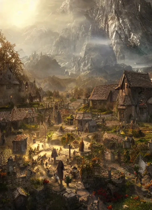 Image similar to peacefull village full of people, ultra detailed fantasy, elden ring, realistic, dnd, rpg, lotr game design fanart by concept art, behance hd, artstation, deviantart, global illumination radiating a glowing aura global illumination ray tracing hdr render in unreal engine 5