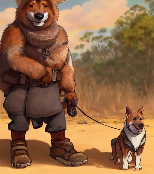 Prompt: stylized three quarters portrait concept art of the burly surly mercenary anthro anthropomorphic dingo dog head animal person fursona wearing clothes adventurer standing in australia outback, hidari, color page, tankoban, 4 k, tone mapping, akihiko yoshida, clean bright happy