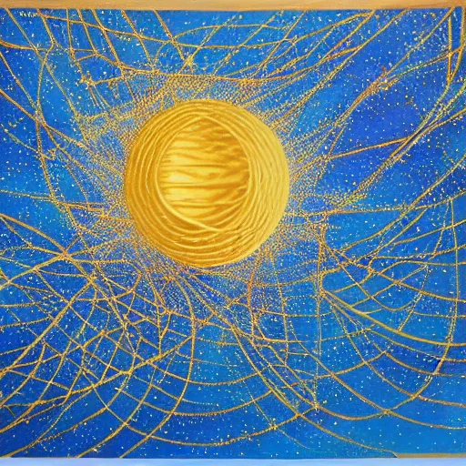 Image similar to a giant blue star inside a golden artificial megastructure, highly detailed artwork, acrylic painting