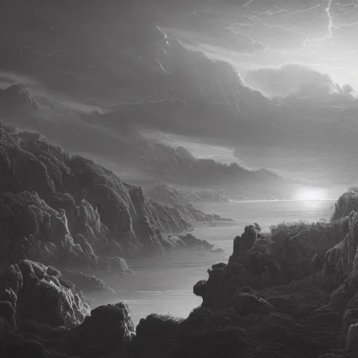 Image similar to a nightfall over a fantastical san francisco bay area, fantastical, transcendent, clean linework, dramatic, unexpected, surprising, epic light scene, spectacular, finely detailed, award winning, 4 k, trending on artstation, photorealistic, volumetric lighting, octane render uhd artwork by gustave dore, by michelangelo and by de vinci