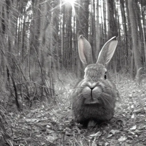 Prompt: a massive rabbit with fangs caught on a trail cam at night