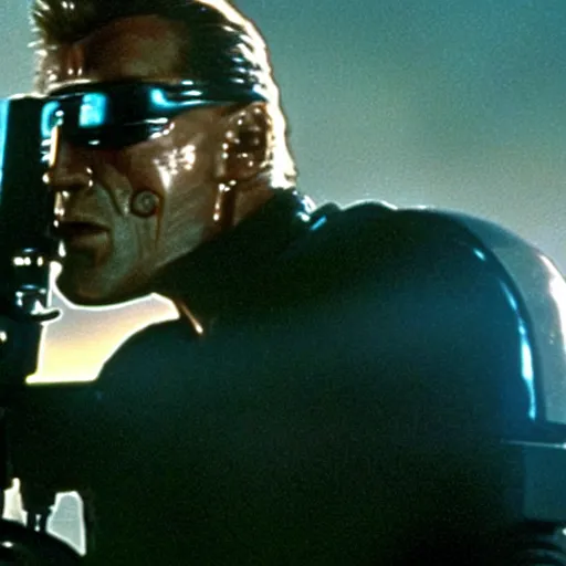 Image similar to cinematic still from terminator 2 : judgement day with the terminator t - 8 0 0 played by rocky iv