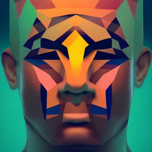 Prompt: face of a man, with colorful geometric patterns, volumetric dramatic light, dark black background, sharp focus, highly realistic, octane render, art by greg rutsowski