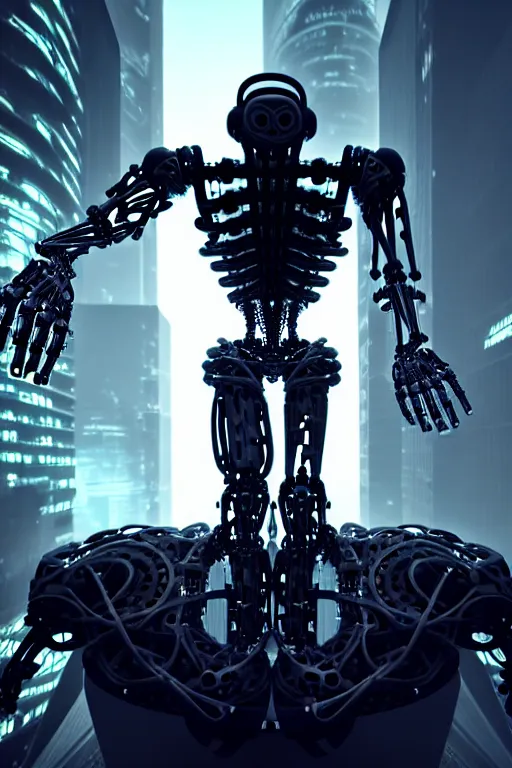 Prompt: photograph of a beautiful, bulky biomechanical creature that has a humanoid face, cinematic, realistic, hyperdetailed, futuristic, cyberpunk