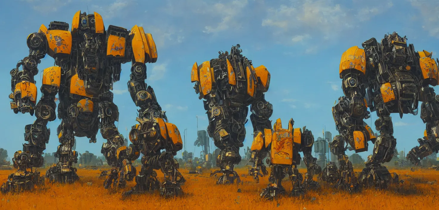 Image similar to an intricate oil painting of a giant south african armored gorilla shaped scrap metal mecha by simon stalenhag, yellow, orange and cyan paint decals